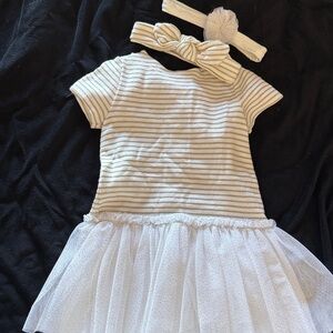 Striped Dress with Tulle Skirt, Bow and Headband